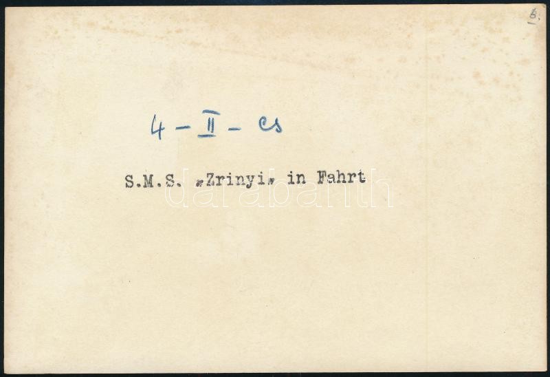 cca 1914-1918 SMS Zrínyi, az Osztrák-Magyar Császári és Királyi Haditengerészet (K.u.K. Kriegsmarine) Radetzky-osztályú pre-dreadnought csatahajója (Schlachtschiff), a hátoldalán feliratozott fotó, jó állapotban, 15x10 cm / cca - Image 2