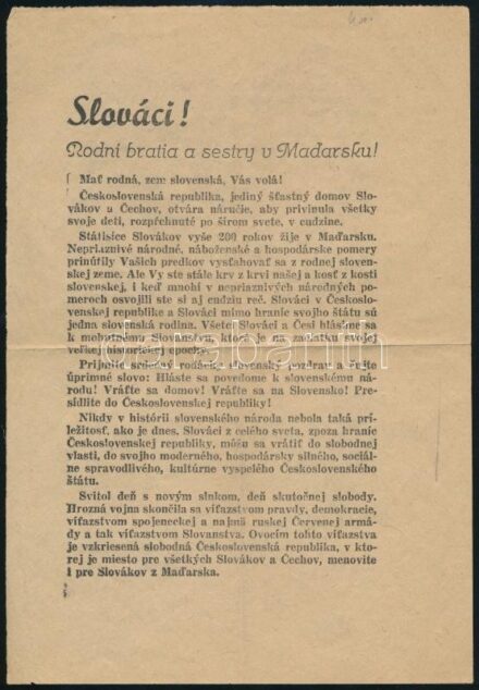 cca 1945 Csehszlovák Letelepítési Bizottság magyarországi szlovákokhoz intézett röplapja a szlovák-magyar lakosságcsere apropóján, hajtott