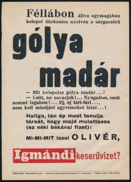 Gólya madár..., Igmándi keserűvíz reklámos villamosplakát, Globus nyomdai műintézet, foltos, 24×17 cm