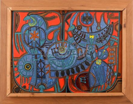 Honty Márta (1940-2004): Tánc. Tűzzománc, fémlemez. Jelezve jobbra lent. Hátoldalán autográf felirattal. Fakeretben. 31x42 cm
