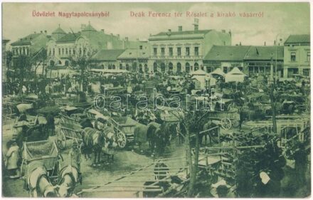 1910 Nagytapolcsány, Topolcany; Deák Ferenc tér, piac, részlet a kirakó vásárról, Felsenburg B., Bochberger Náthán, Löwy Henrik, Braun Alfréd ezelőtt Munk Adolf üzlete, gyógyszertár. Platzko Gyula kiadása / market on the square,