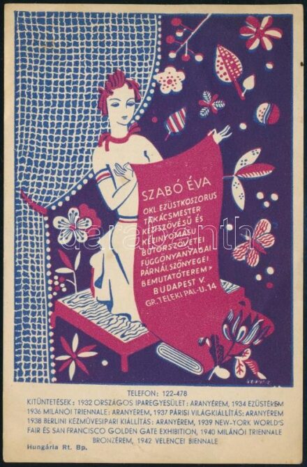cca 1942 Szabó Éva okl. ezüstkoszorús takácsmester reklámcédula, Lukáts Kató (1900-1990) grafikája, egyik sarkán hajtásnyom