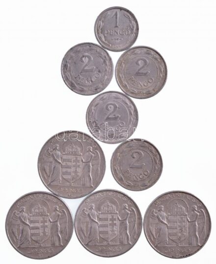 1942-1943. 2P Al (4db/2xklf) + 1943. 5P Al (4x) 'Horthy Miklós születésének 75. évfordulója' + 1944. 1P Al T:2,2- patina, karc