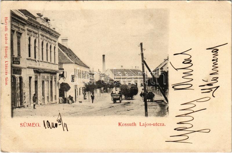 1900 Sümeg, Kossuth Lajos utca, üzletek, kávéház. Horváth Gábor kiadása (EK)