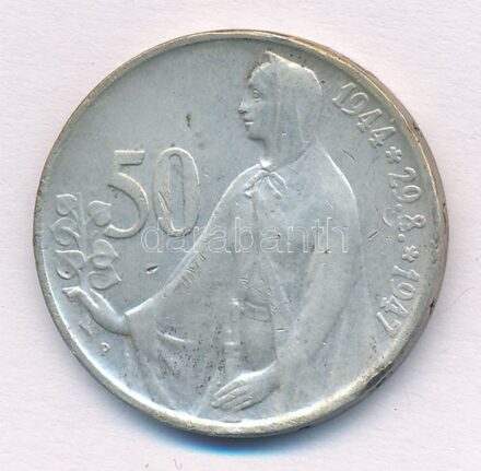 Csehszlovákia 1947. 50K Ag 'Szlovák felkelés' T:2- patina, ph, ü. Czechoslovakia 1947. 50 Korun Ag 'Slovak uprising' C:VF patina, edge error, ding Krause KM#24