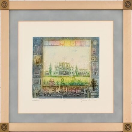 Gross Arnold (1929-2015): Ablakban II. Színes rézkarc, papír. Jelzett. Próbanyomat próba jelzéssel. Hibátlan. 16,5x19,5 cm. Üvegezett fém keretben. / etching on paper, signed, framed