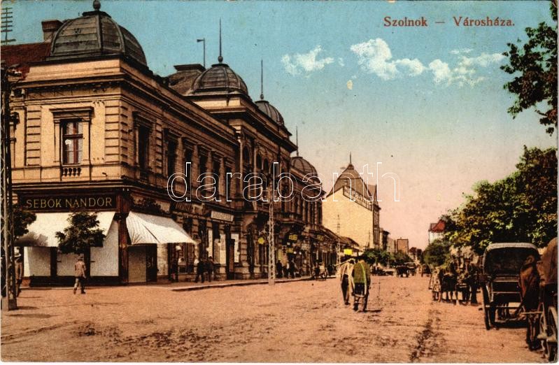 1916 Szolnok, Városháza, drogéria, Sebők Nándor és Konsitzky György üzlete, Népbank. Róth Dénes kiadása (EK)
