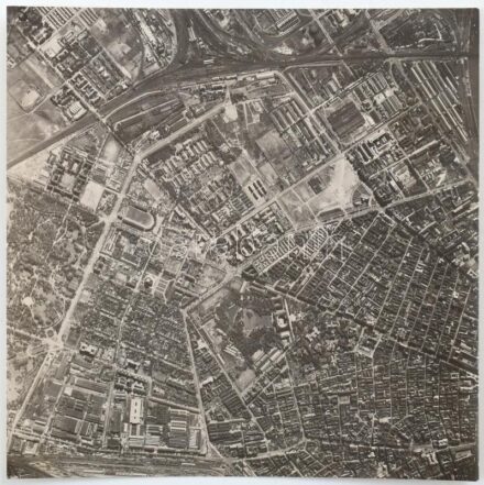 cca 1944 Budapest, Ludovika, FTC stadion, II. világháborús katonai felderítő légi fotó, 12,5×12,5 cm / military scout photo