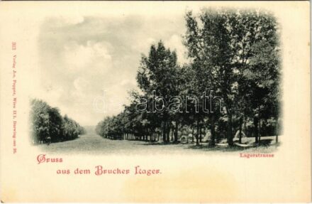Királyhida, Bruckújfalu Tábor, Brucker Lager, Bruckneudorf; Lagerstrasse / Tábor utca. Verlag Jos. popper / street view (ragasztónyom / glue marks)