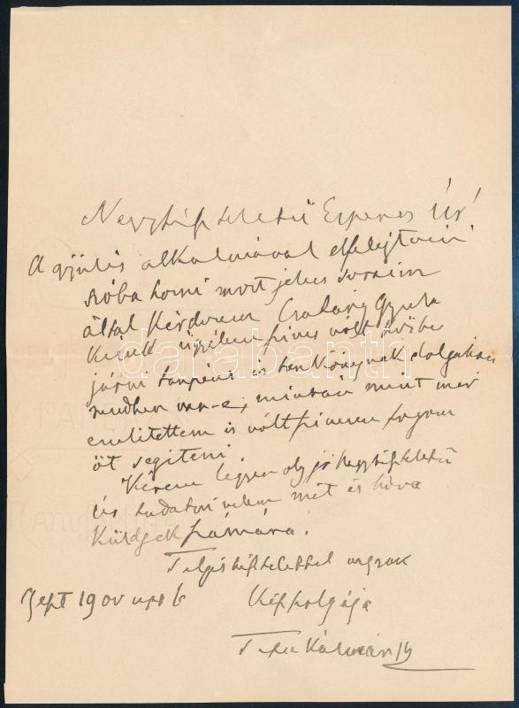 1900 Tisza Kálmán (1830-1902) miniszterelnök saját kézzel írt levele Szél Kálmán nagyszalontai esperesnek melyben tankönyvek ügyében érdeklődik. Egy beírt oldal, borítékkal. / Hand written letter by Hungarian prime minister