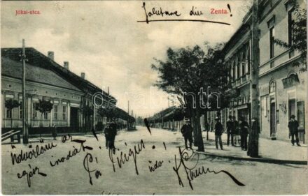 1908 Zenta, Senta; Jókai utca, üzletek. Molnár Sz. Vince kiadása / street, shops