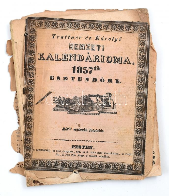 1857 Pest, Trattner és Károlyi nemzeti kalendároima, benne vaspályának indulása és érkezése, első és hátsó borítólap levált