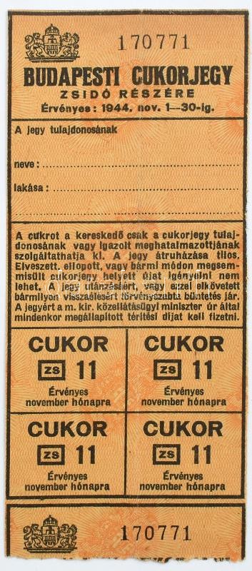 1944 Budapesti cukorjegy zsidó személy részére