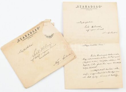 1890 Adorján Ármin, született Auspitz (1867-1938) újságíró, szerkesztő, ügyvéd, a naagyváradi Szabadság c. lap főszerkesztőjének levele Szél Kálmán nagyszalontai esperesnek, melyben apja, Szél György, mint Bihar megye