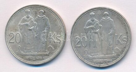 Szlovákia 1941. 20K Ag (2x) 'Cirill és Metód' T:2,2- patina, ph Slovakia 1941. 20 Korun Ag (2x) 'St. Kyrill and St. Methodius' C:XF,VF patina, edge error Krause KM#7.1