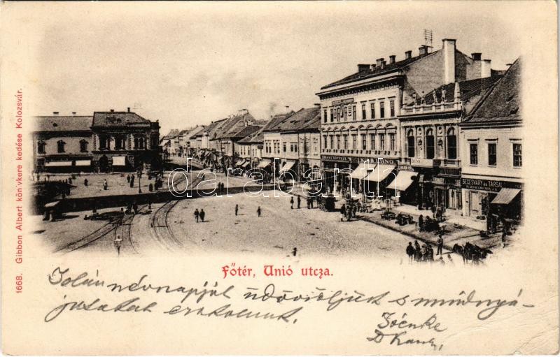1901 Kolozsvár, Cluj; Fő tér, Unió utca, Segesváry és Társai, Kiss Ernő üzlete, Duna biztosító, Európa kávéház. Gibbon Albert kiadása / main square, street, shops, cafe, insurance company (EB)
