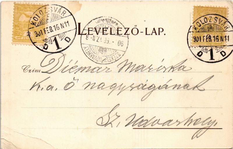 1901 Kolozsvár, Cluj; Fő tér, Unió utca, Segesváry és Társai, Kiss Ernő üzlete, Duna biztosító, Európa kávéház. Gibbon Albert kiadása / main square, street, shops, cafe, insurance company (EB) - Image 2