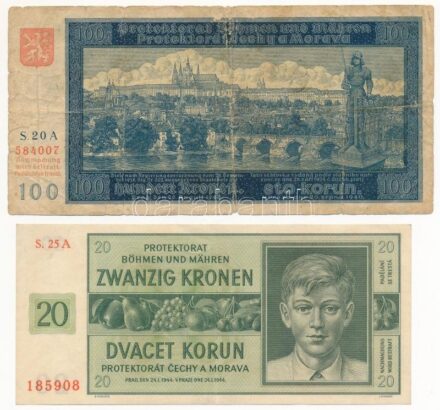 Német Harmadik Birodalom / Cseh-Morva Protektorátus 1940. 100K + 1944. 20K T:III,III- kis szakadások, folt, anyaghiány German Third Reich / Protectorate of Bohemia and Moravia 1940. 100 Korun + 1944. 20 Korun C:F,VG small tears, spotts,