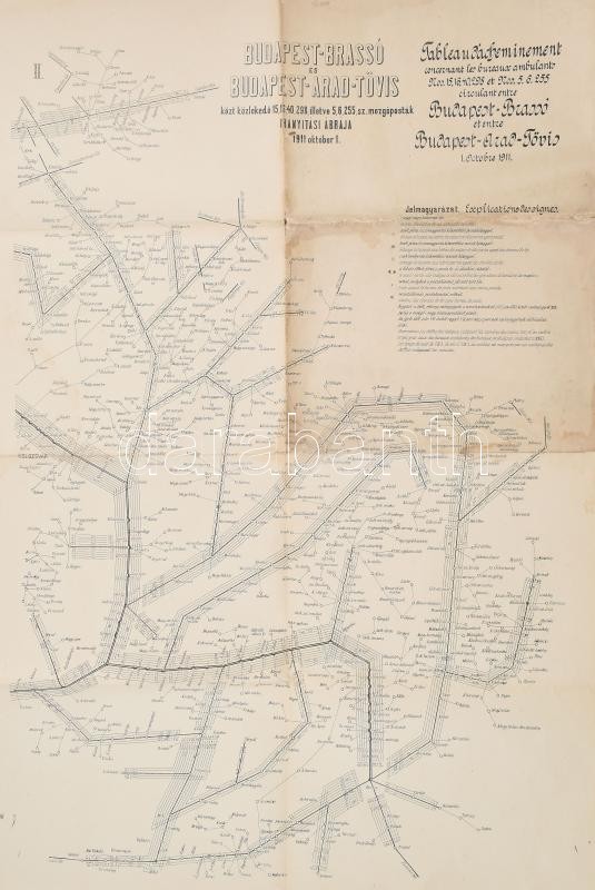 1911 Budapest-Brassó és Budapest-Arad-Tövis közt közlekedő mozgóposták irányítási ábrája, 94×64 cm