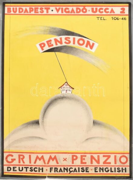 cca 1930-1935 'Grimm Penzio, Deutsch Francaise English Budapest Vigadó ucca 2. Tel. 106-46', jelzett (Galambos (Margit)), papír, tempera-ceruza, szakadt, kis lapszéli gyűrődésekkel, 63x46 cm