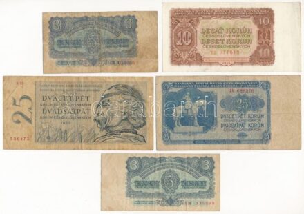 Csehszlovákia 1953-1961. 3K-25K (5xklf) T:III,III- folt, kis anyaghiány Czechoslovakia 1953-1961. 3 Korun - 25 Korun (5xdiff) C:F,VG spotted, small material errors