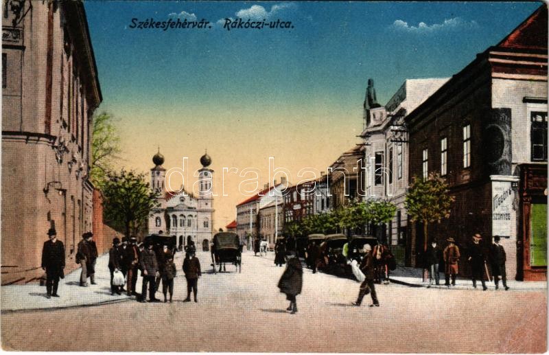 1921 Székesfehérvár, Rákóczi utca, zsinagóga, lovashintók, függöny és szőnyeg üzlet (kis szakadás / small tear)