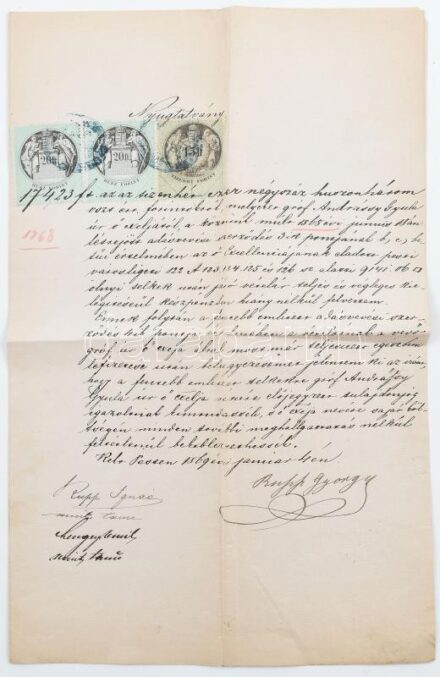 1869 Andrássy Gyula grófnak eladott pesti városligeti földek vételárának kiegyenlítéséről valamint tulajdonjog bekebelezési engedély Rupp György termény nagykereskedőtől, budapesti virilistől, aláírásával. Ritka, sárga