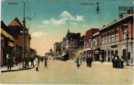 1916 Szolnok, Szapáry utca, Szigeti Henrik és Farkas Lajos üzlete, iparvállalat, nyomda és könyvkötészet. Vasúti levelezőlapárusítás 44. 1915. (kis szakadás / small tear)