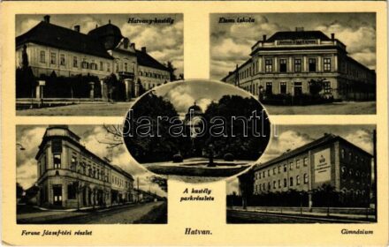 1939 Hatvan, Hatvany kastély, kastélypark, Elemi iskola, Ferenc József téri részlet, Hatvani Népbank, Gimnázium (EK)