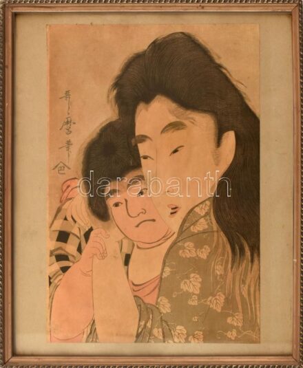 Kitagava Utamaro (1753-1806): Yamauba and Kintaro. Színes fametszet, papír. Jelzett a fametszeten. Kisebb felületi sérülésekkel. Üvegezett fakeretben. 37x25 cm / Kitagava Utamaro (1753-1806): Yamauba and Kintaro. Woodcut on paper. Signed on