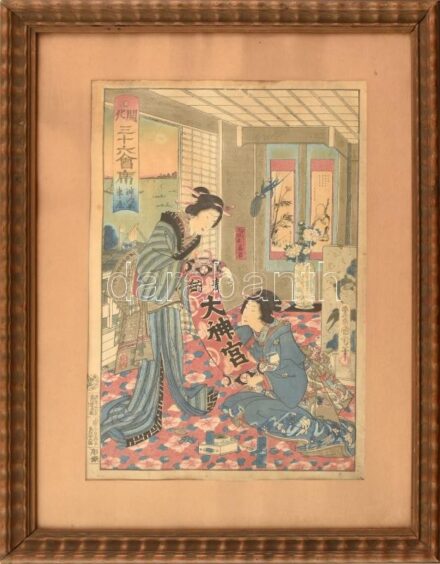 Gésák. Színes japán fametszet, papír. Feltehetően XIX. sz. Jelzett a fametszeten. Kissé foltos. Üvegezett fakeretben. 34x22 cm / Geishas. Japanese woodcut on paper. Probably 19th century. Signed on the woodcut. A bit spotty. Framed. 34x22 cm