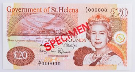 Szent Ilona 2012. 20P 'A/I 000000 Specimen' mintanyomat felülnyomással T:I Saint Helena 2012. 20 Pound 'A/I 000000 Specimen' overprinted specimen banknote C:UNC Krause P#13bs