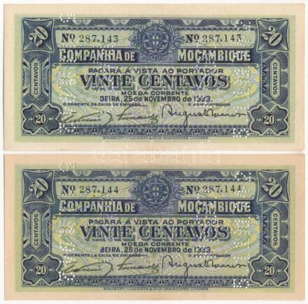 Mozambik 1933. 20c (2x) '287,143 - 287,144' sorszámkövetők, perforációval érvénytelenítve T:I Mozambique 1933. 20 Centavos (2x) '287,143 - 287,144' consecutive serials, cancelled by perforation C:UNC Krause P#R29