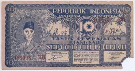 Indonézia 1947. 10R '199908 KH' T:III- sarokhiány, szakadások, ragasztás Indonesia 1947. 10 Roepiah '199908 KH' C:VG missing corner, tears, taped