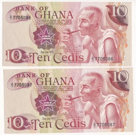 Ghána 1978. 10C (2x) 'Z/I 7705086 - Z/I 7705087' pótkiadás T:II hajtatlanok Ghana 1978. 10 Cedis (2x) 'Z/I 7705086 - Z/I 7705087' replacement banknotes C:XF unfolded Krause P#16f