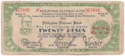 Fülöp-szigetek 1942. 20P '967096' T:III kis anyaghiány, szakadások, folt Philippines 1942. 20 Pesos '967096' C:F small material errors, tears, stain Krause P#S318a
