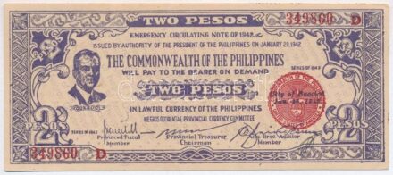 Fülöp-szigetek 1942. 2P '349860 D' T:III kis folt Philippines 1942. 2 Pesos '349860 D' C:F small stain Krause P#S647b