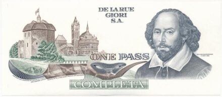 Svájc ~2000. Egyoldalas bankjegy tervezet 'One Pass (Belépő?)' nyomattal, 'Shakespeare' hátlapi tervezettel, a De La Rue bankjegynyomda kiadásában T:I- / Switzerland ~2000. One-sided test banknote with 'One Pass (as a ticket?)' print, with