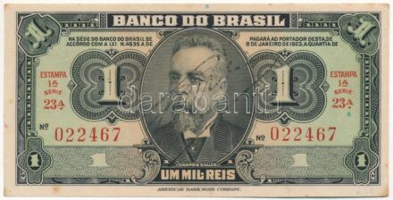 Brazília 1923. 1000R '23 A 022467' T:II hajtatlan, kis foltok Brazil 1923. 1000 Réis '23 A 022467' C:XF unfolded, small spots Krause P#110Ba