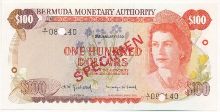 Bermuda 1982. 100$ 'A/I08( )140 Specimen' lyukasztással érvénytelenített mintanyomat T:I- Bermuda 1982. 100 Dollars 'A/I08( )140 Specimen' cancelled by holes, specimen banknote C:AU Krause P#33s