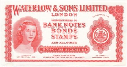 Nagy-Britannia ~1940-1950. 'Waterlow & Sons Limited' egyoldalas reklám nyomata mint bankjegy tervezet, névérték nélkül T:III szép papír / Great Britain ~1940-1950. 'Waterlow & Sons Limited' one-sided advertisement print as a test