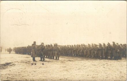 1916 Osztrák-magyar katonák felsorakozva / WWI K.u.k. military, soldiers lined up. photo + 'M. Kir. 307. honvéd menetzászlóalj parancsnokság'
