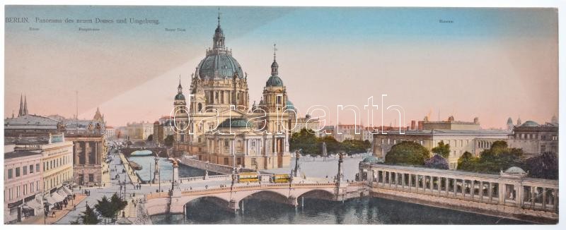 Berlin, Panorama des neuen Domes und Umgebung, Börse Hotel, Burgstrasse, Neuer Dom / 4-tiled unfolded panoramacacard