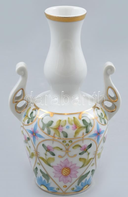 Hollóházi amfóra vázácska. Kézzel festett, jelzett, hibátlan, m: 13,5 cm