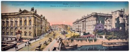 Berlin, Panorama des Schlossplatzes mit Schloss (Südseite), Denkmal des Grossen Kurfürsten, Kgl. Marstall, Schlossbrunnen / 4-tiled unfolded panoramacacard (r)