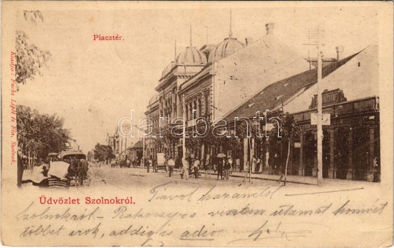 Szolnok, Piac tér, divatáruház, üzletek. Fuchs Lipót és fia kiadása (EK)