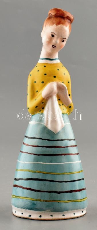 Bodrogkeresztúri kerámia lány kendővel, kézzel festett, etikettel jelzett, mázrepedésekkel, m: 21 cm