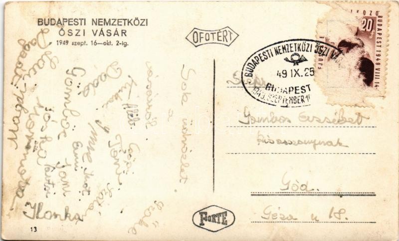 1949 Budapest XIV. Nemzetközi Őszi Vásár a Városligetben, Nehézipari Minisztérium Kohászat Gépipar pavilonja + So. Stpl - Image 2