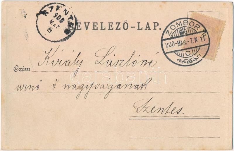 1900 Zombor, Sombor; Vármegye ház, Kossuth utca. Kiadja Schön Adolf, szecessziós fémes hatású fóliás képeslap / county hall, street. Metallic foil postcard - Image 2