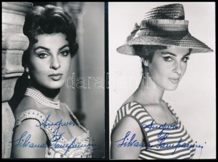 Silvana Pampanini (1925-2016) olasz színésznő, rendező, énekesnő 2 db autográf aláírása őt ábrázoló fotólapokon, az egyiken kisebb törésnyom